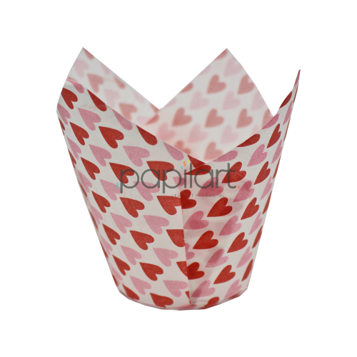 Muffiny tulipan białe/różowe serduszka 50x80 mm 