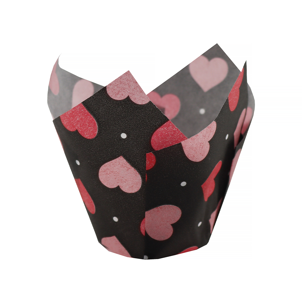 Muffiny tulipan 50x80 mm czarne/różowe serca 